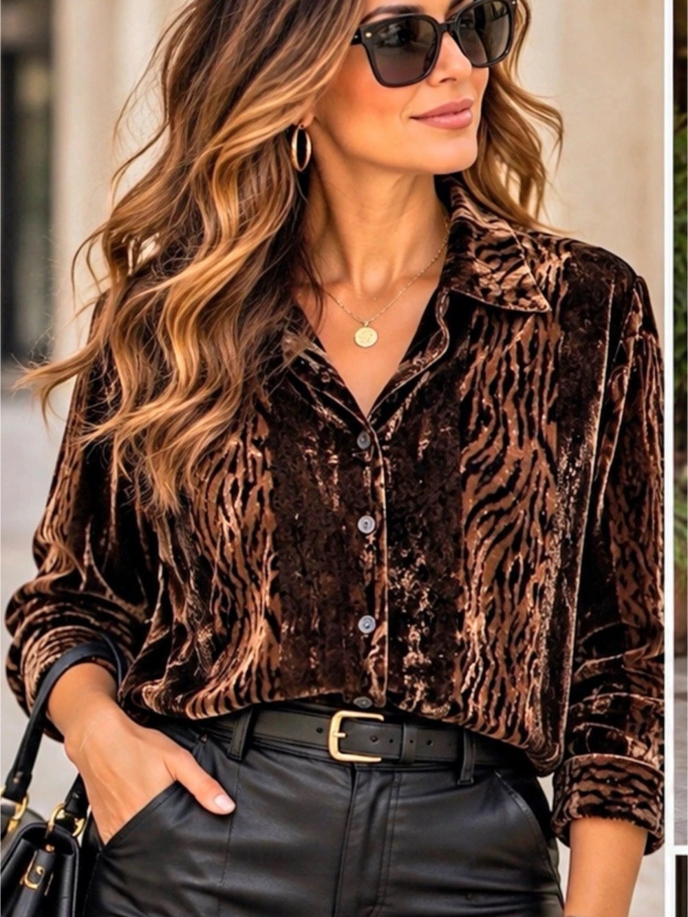 Aris A Silk Velvet Animal Print Blouse Brown & Black M